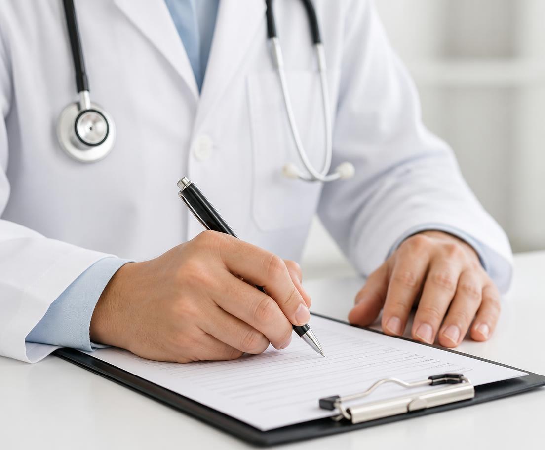 Médico preenchendo um formulário de solicitação